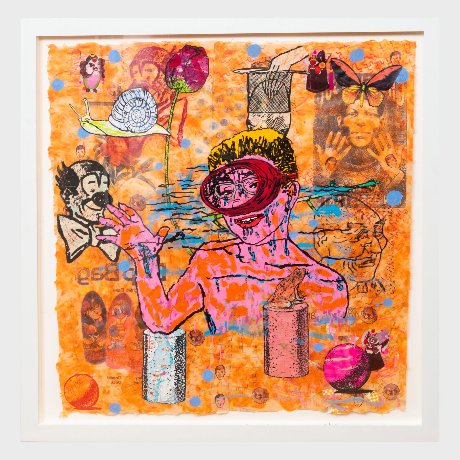 Jane Hammond (b. 1950): Frog Man: Jane Hammond (b. 1950): Frog Man Mixed media on paper, presumably signed, titled and dated on the reverse. 37 x 35 1/2 in. (sheet), 42 x 41 in. (frame).