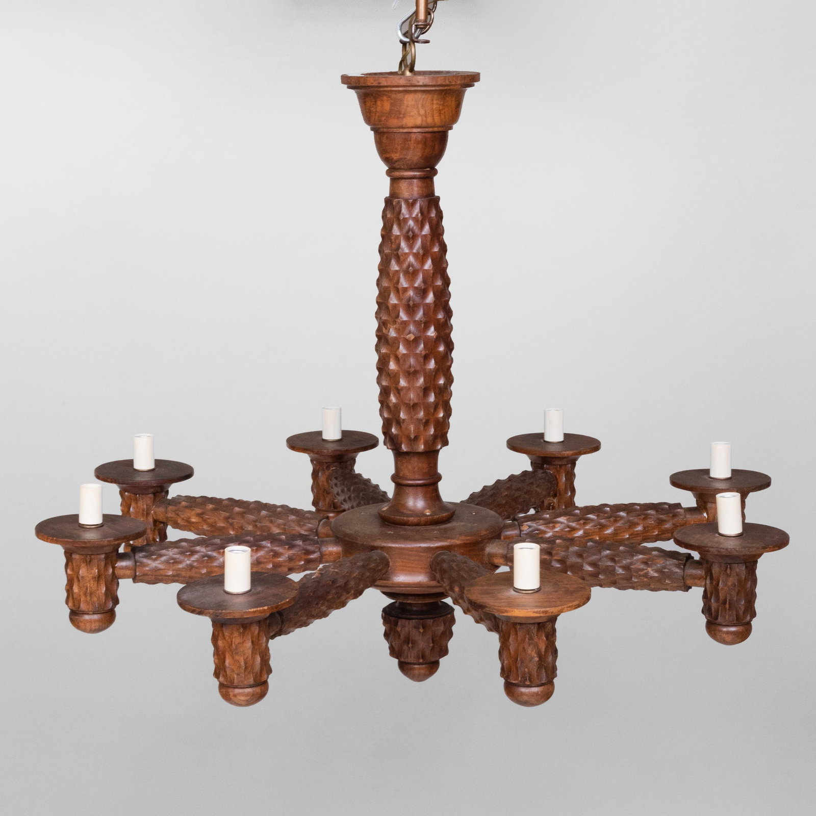 Modern Rustic Carved Wood Eight-Light Chandelier: Modern Rustic Carved Wood Eight-Light Chandelier 35 x 43 in. diam. Masterful Mix : A Residence Designed by Stephen Sills for Barbara Cirkva and John Schumacher
