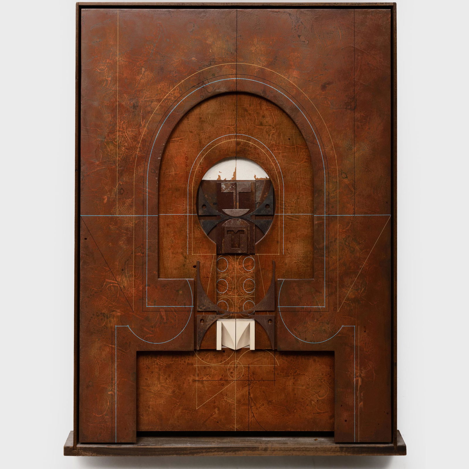 Abe Ajay (1919-1997): Untitled: Abe Ajay (1919-1997): Untitled Mixed media construction, 1981, with the artist's incised signature and dated lower right. 33 x 28 x 3 in.