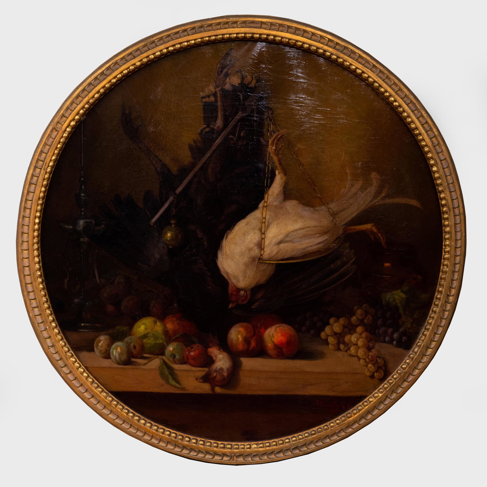 Continental School: Still Life with Hanging Fowl: Continental School: Still Life with Hanging Fowl Oil on canvas roundel, 1920, signed 'Chiarella G.B.' and dated lower right. 40 in. (diameter), 44 in. (frame).