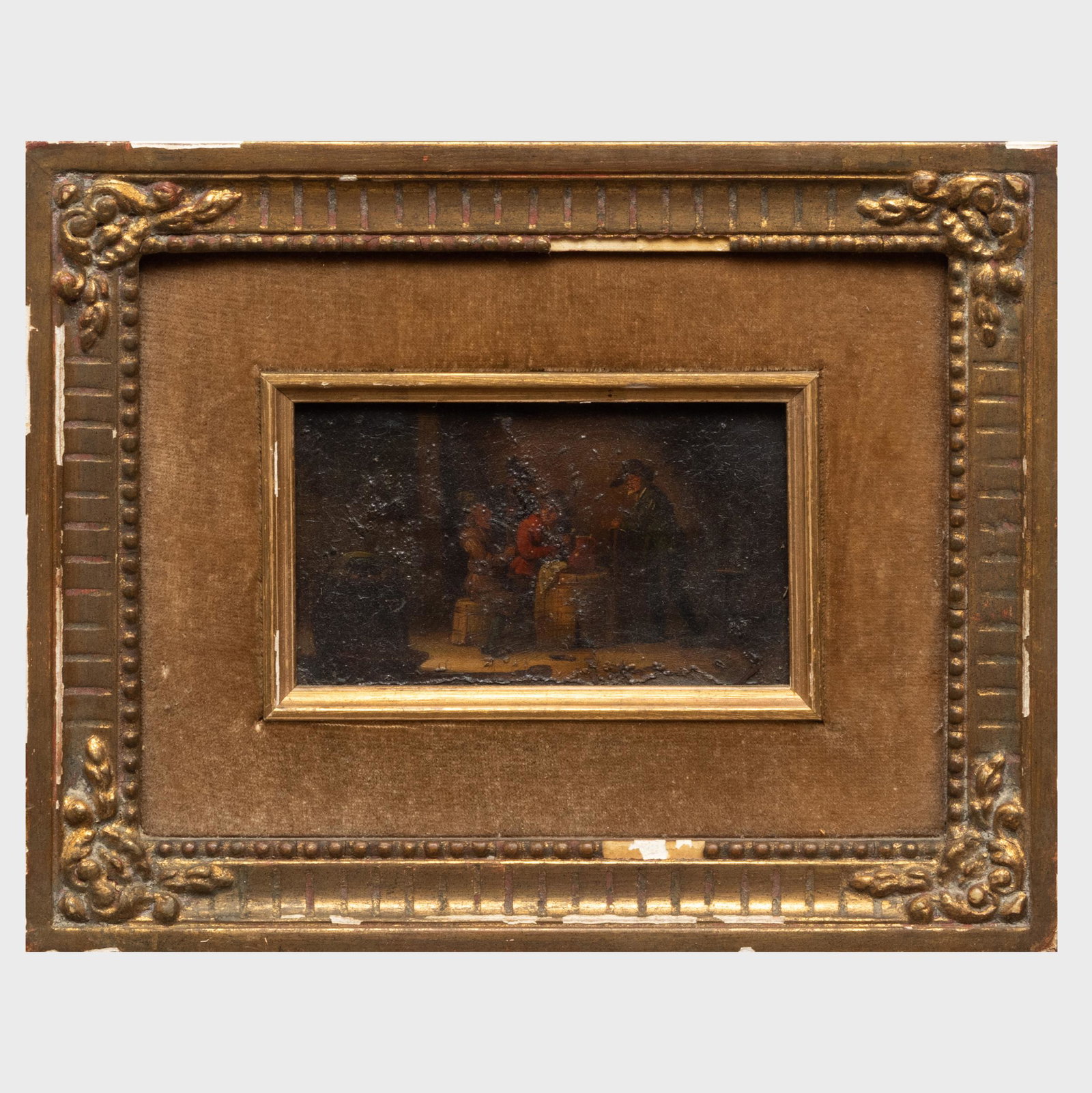 Continental School: Tavern Scene: Continental School: Tavern Scene Oil on metal, unsigned, with the boleta de venta on the reverse. 2 1/2 x 4 3/8 in., 7 1/4 x 9 1/4 in. (frame).