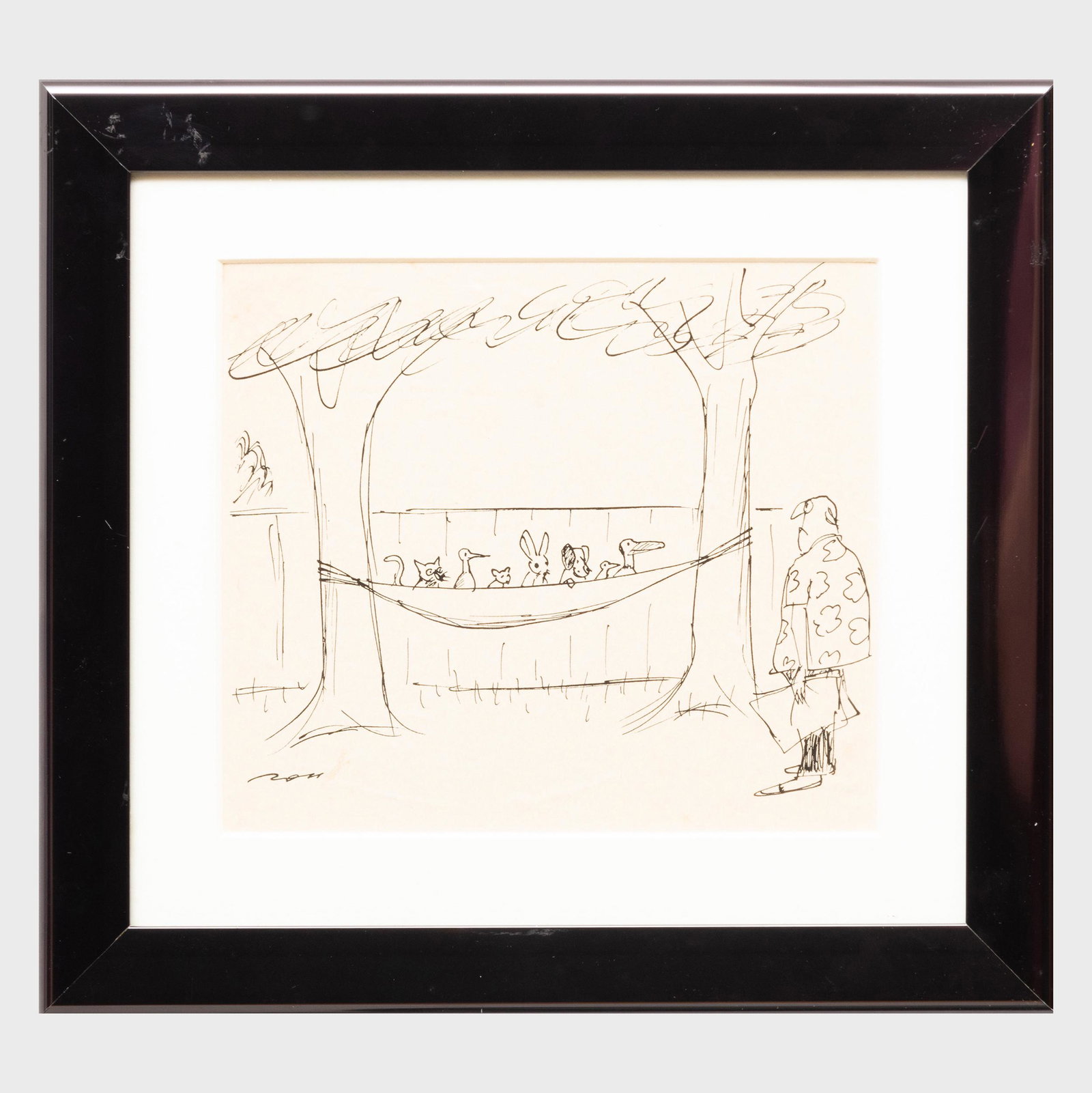 20th Century School: Cartoon: 20th Century School: Cartoon Ink on paper, indistinctly signed 'Ron' lower left. 5 1/4 x 6 in. (sight), 8 1/2 x 9 1/4 in. (frame).
