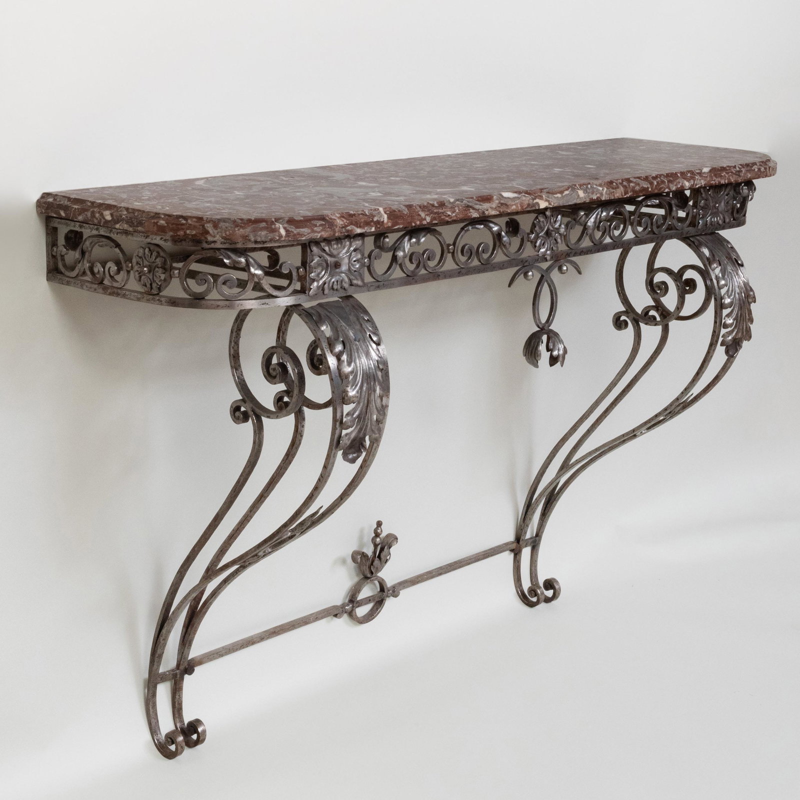 French Rococo Style Iron Console Table: French Rococo Style Iron Console Table Fitted with a molded with variegated marble top. 33 3/4 x 4 ft. 3 1/2 x 16 in. Master Class: John Rosselli's Artful Eye