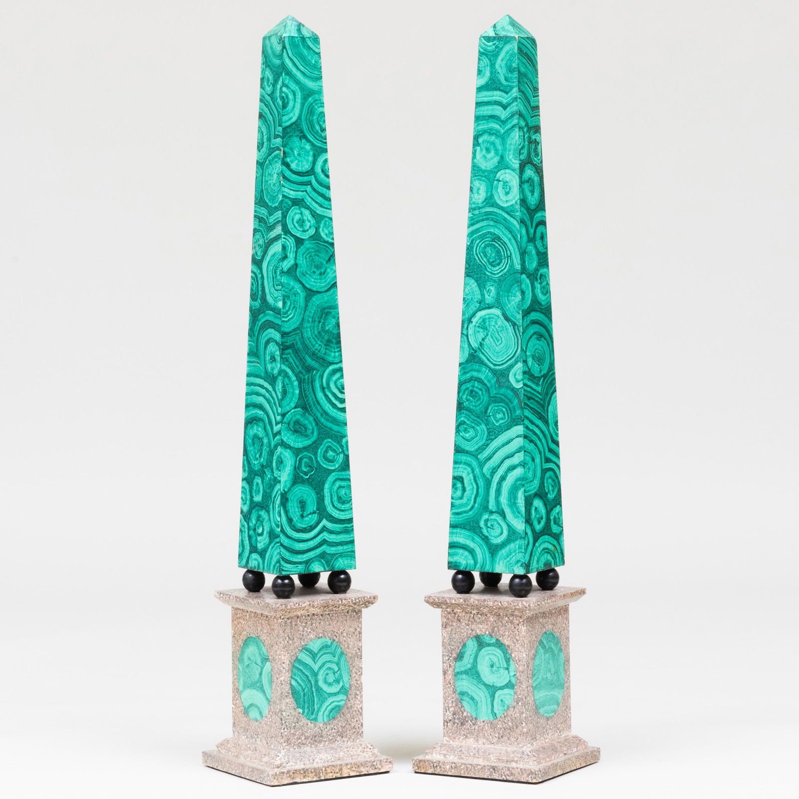Pair of Trompe L'Oeil Faux Malachite Painted Obelisks: Pair of Trompe L'Oeil Faux Malachite Painted Obelisks 40 x 7 1/2 x 7 1/2 in. Master Class: John Rosselli's Artful Eye