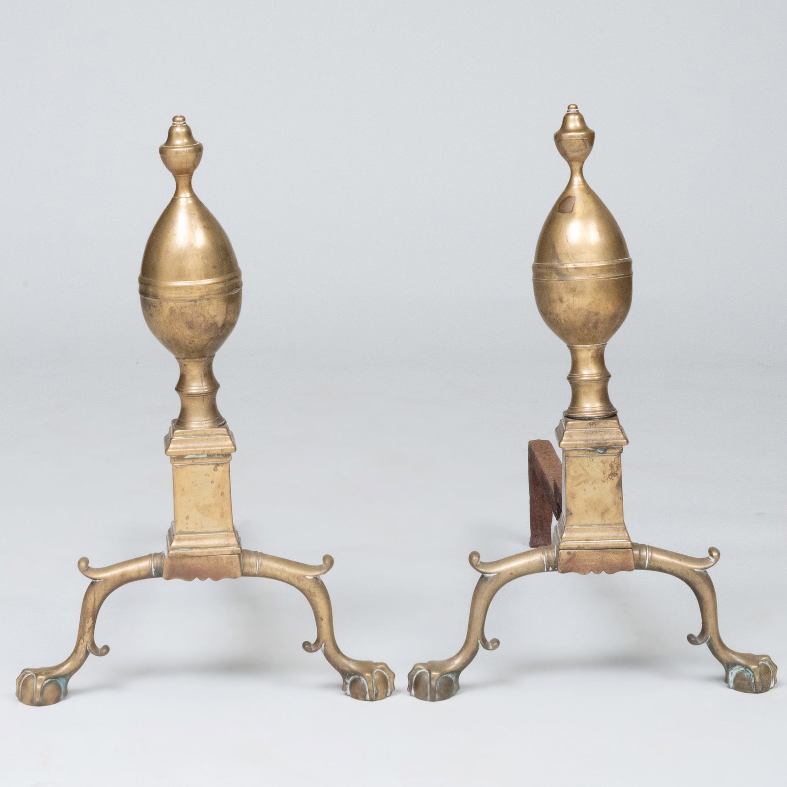 Pair of Federal Style Brass Lemon Top Andirons: Pair of Federal Style Brass Lemon Top Andirons 22 x 12 x 22 in. Property from the late Zane Studenroth