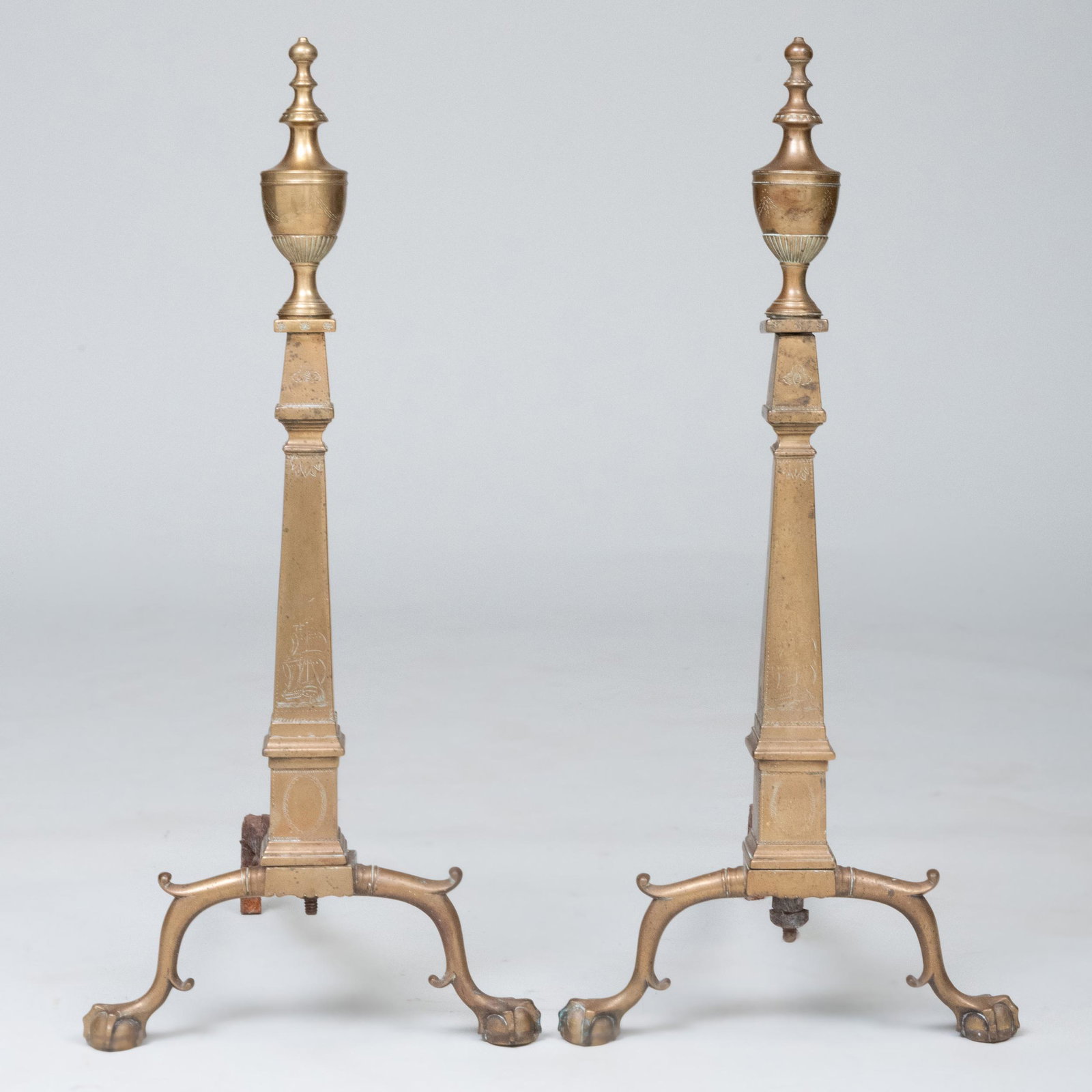 Pair of Federal Style Tall Brass Urn Top Engraved: Pair of Federal Style Tall Brass Urn Top Engraved Andirons 31 x 13 x 17 in. Property from the late Zane Studenroth