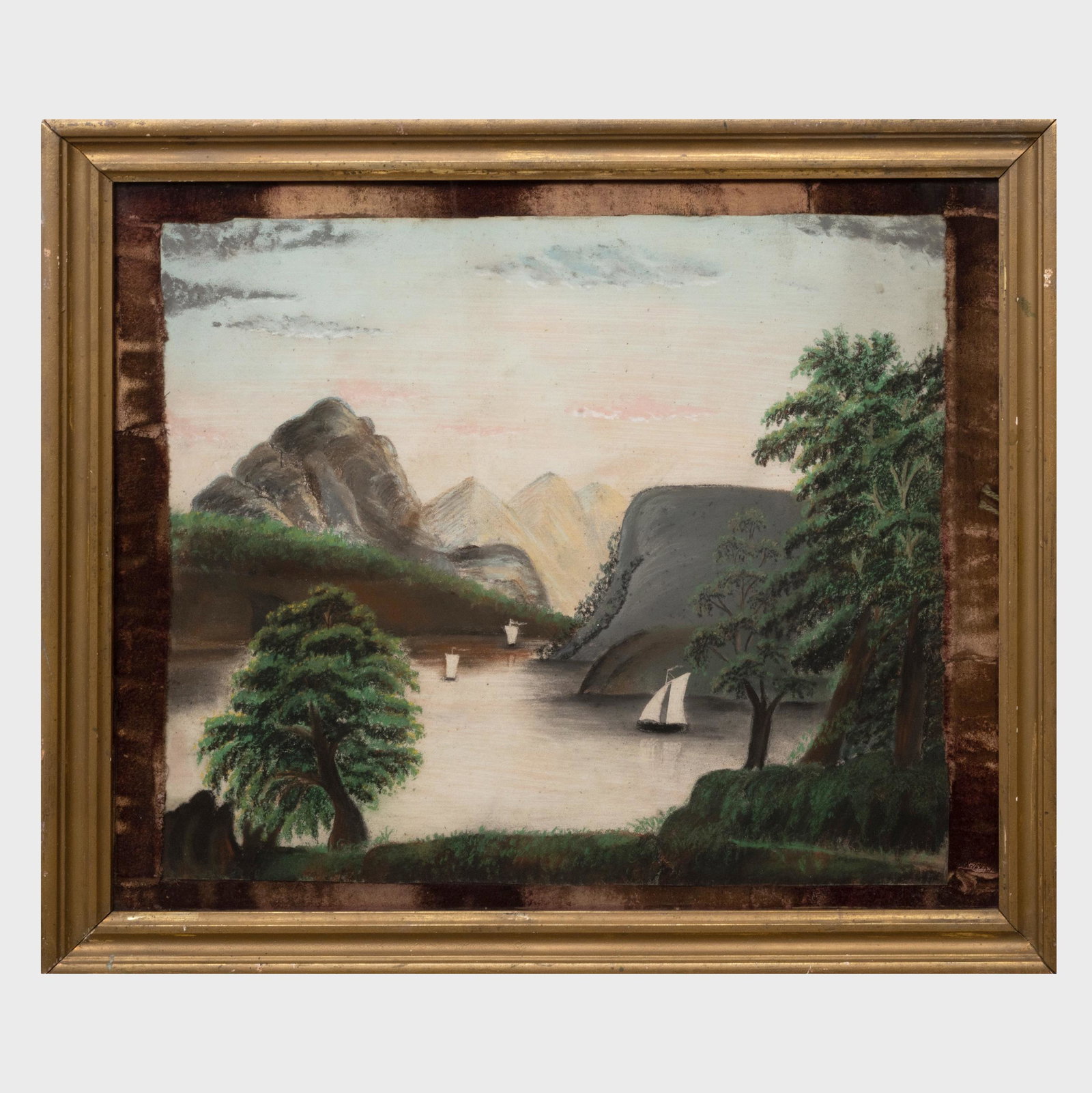 American School: River Landscape: American School: River Landscape Chalk on paper, unsigned, inscribed 'Jeannie Smith' on the mount. 14 1/2 x 17 1/4 in. (sheet), 18 3/4 x 22 1/4 in. (frame). The Collection of Dr. Daniel and Myrna Clym