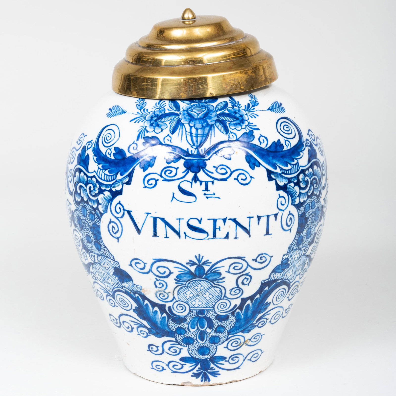 Dutch Delft Tobacco Jar with a Brass Cover: Dutch Delft Tobacco Jar with a Brass Cover Blue painted 'BP' mark. 12 x 8 in. diam. The Collection of Dr. Daniel and Myrna Clyman