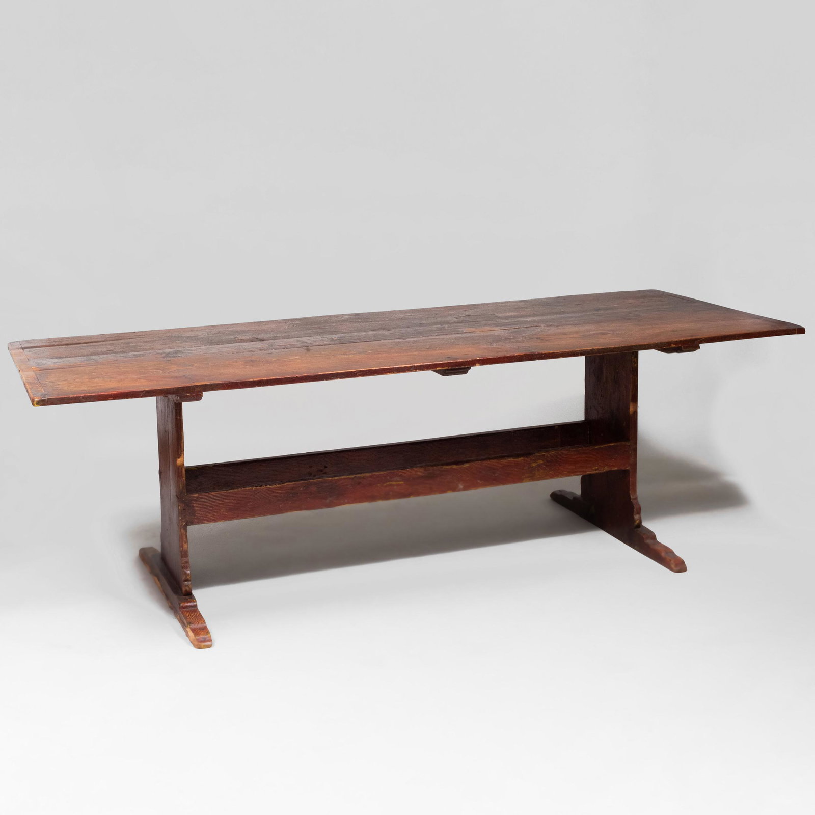 Continental Comb Painted and Stained Oak Trestle Table: Continental Comb Painted and Stained Oak Trestle Table Together with set of eight reproduction painted Windsor chairs. Comprising: Two armchairs Six side chairs The table 28 in. x 7 ft. 3 in. x 35