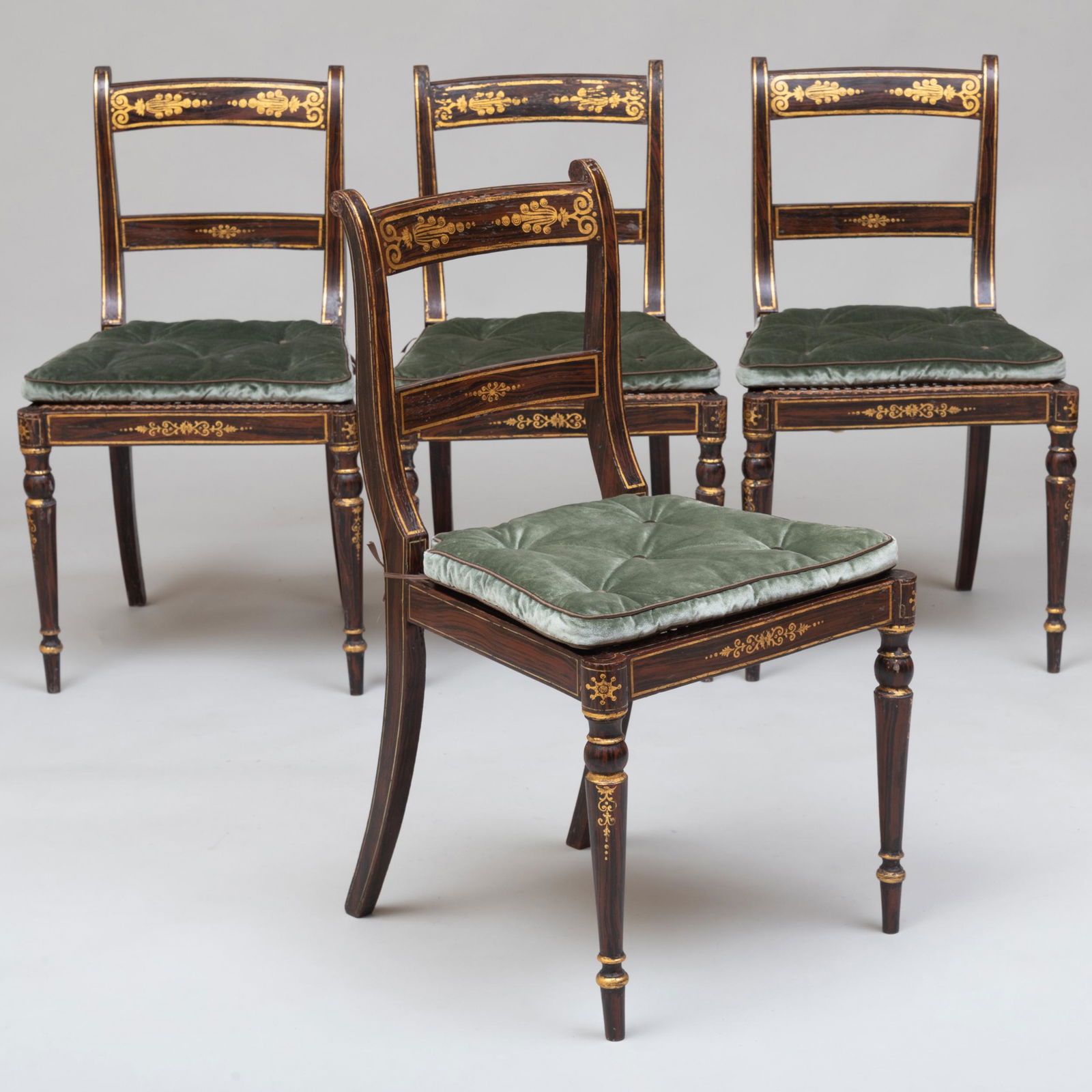 Set of Four Federal Grain Painted and Caned Side Chairs: Set of Four Federal Grain Painted and Caned Side Chairs Each fitted with a velvet squab cushion. 33 x 18 1/2 x 19 1/2 in.