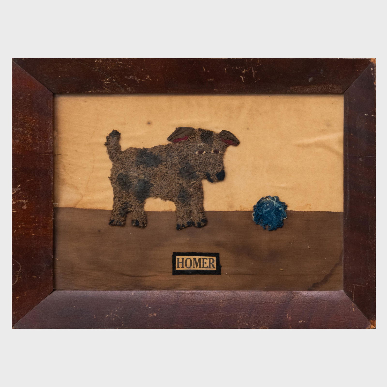 Group of Three Folk Art Fabric Collage Pictures of Cats: Group of Three Folk Art Fabric Collage Pictures of Cats and a Dog The seated cat 14 3/4 x 11 1/2 in. (frame), the recumbent cat 9 1/2 x 12 1/2 in. (frame), the dog 13 x 16 3/4 in. (frame).