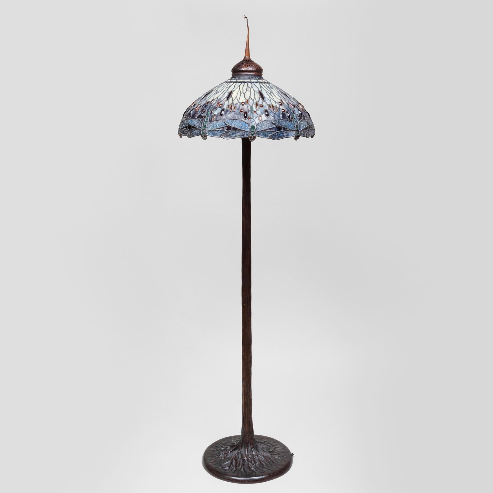 Tiffany Style Leaded Glass 'Dragonfly' Shade and a Faux: Tiffany Style Leaded Glass 'Dragonfly' Shade and a Faux Bois Bronze Base The shade 24 in. diam., the base 76 1/2 x 15 in. diam.