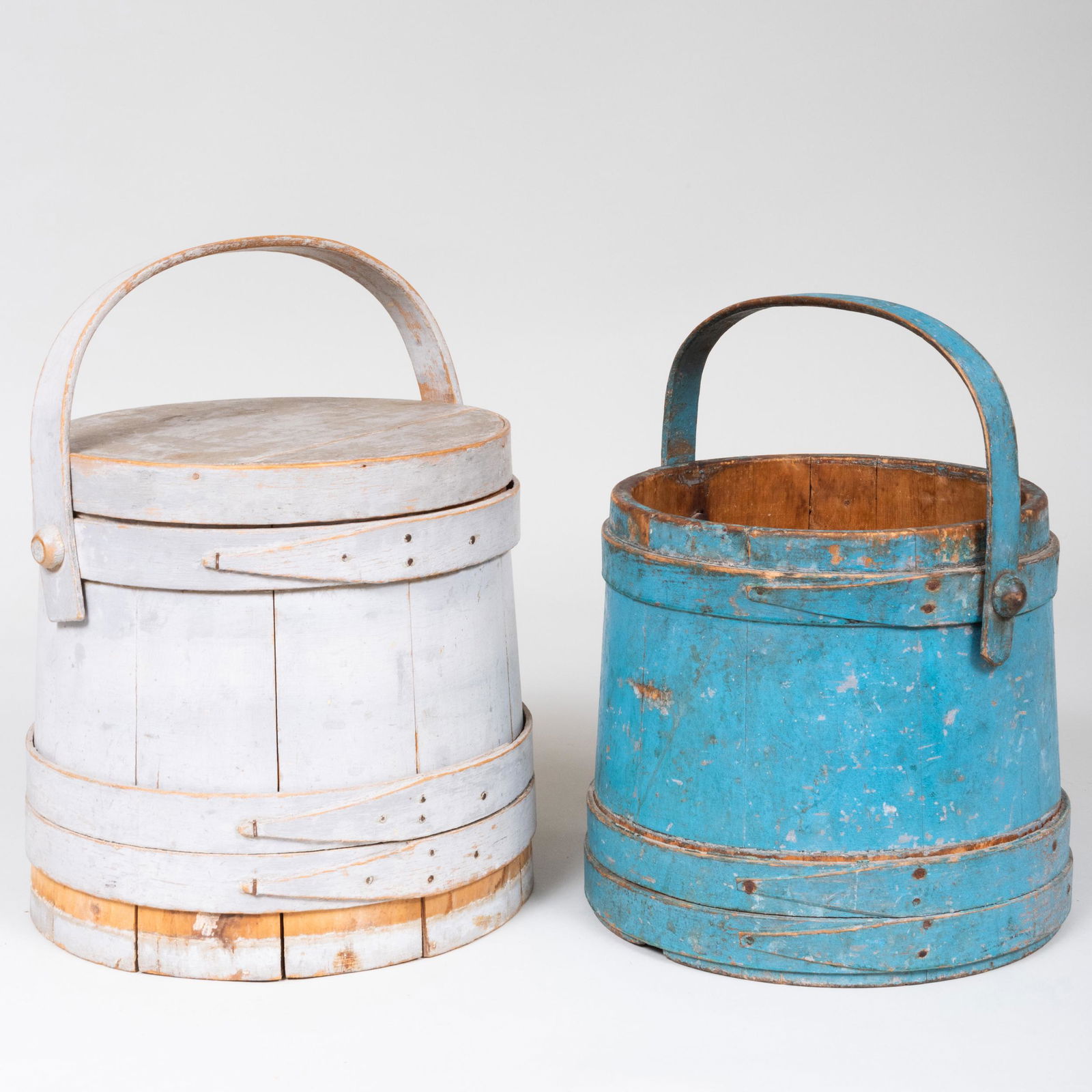 Two Painted Wood Firkins: Two Painted Wood Firkins The larger 10 x 10 in. diam.