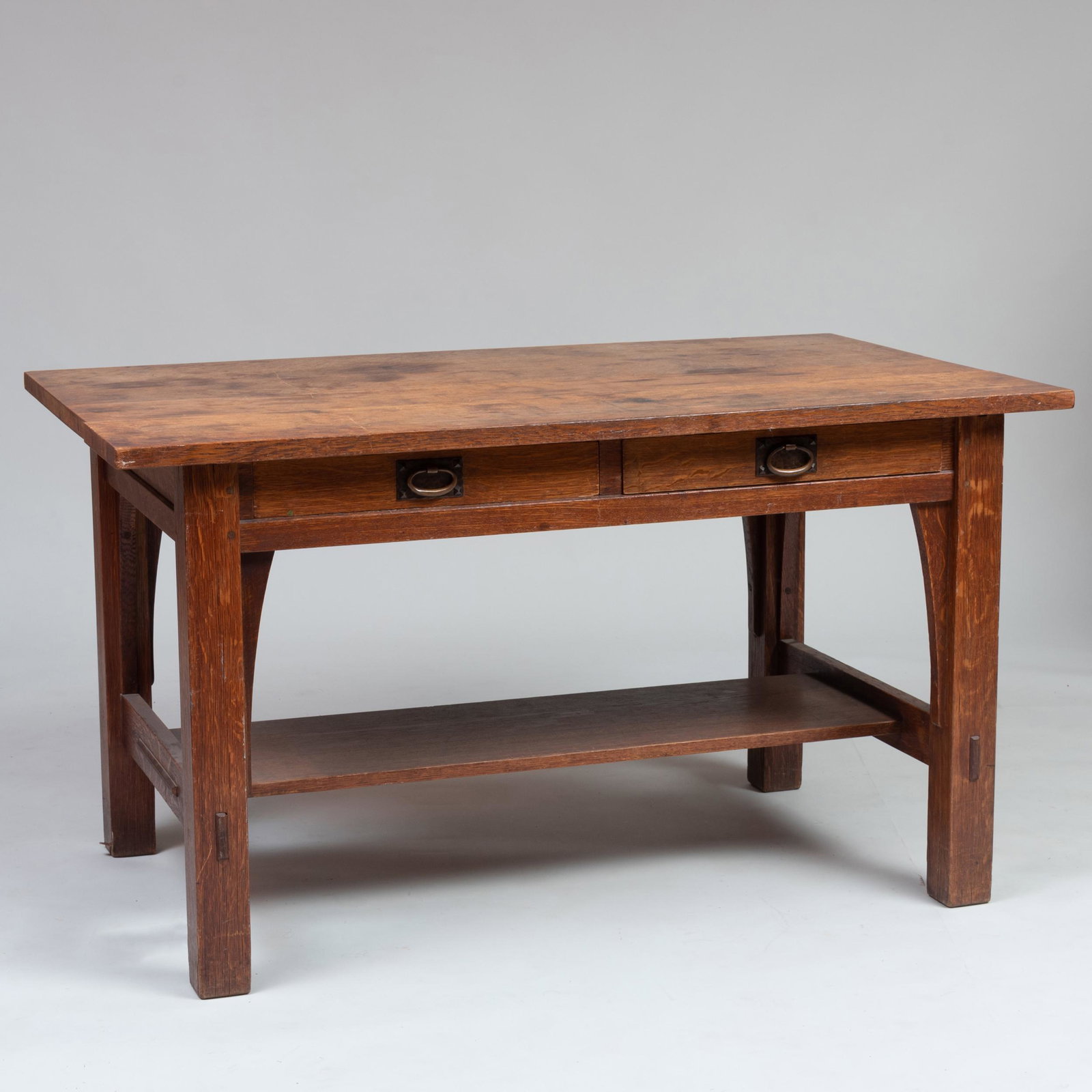 Gustav Stickley Oak Library Table, Stamped Gustav: Gustav Stickley Oak Library Table, Stamped Gustav Stickley Fitted with two frieze drawers. 30 1/4 x 4 ft. 6 1/4 x 32 1/4 in. Collection of the Rhode Island School of Design