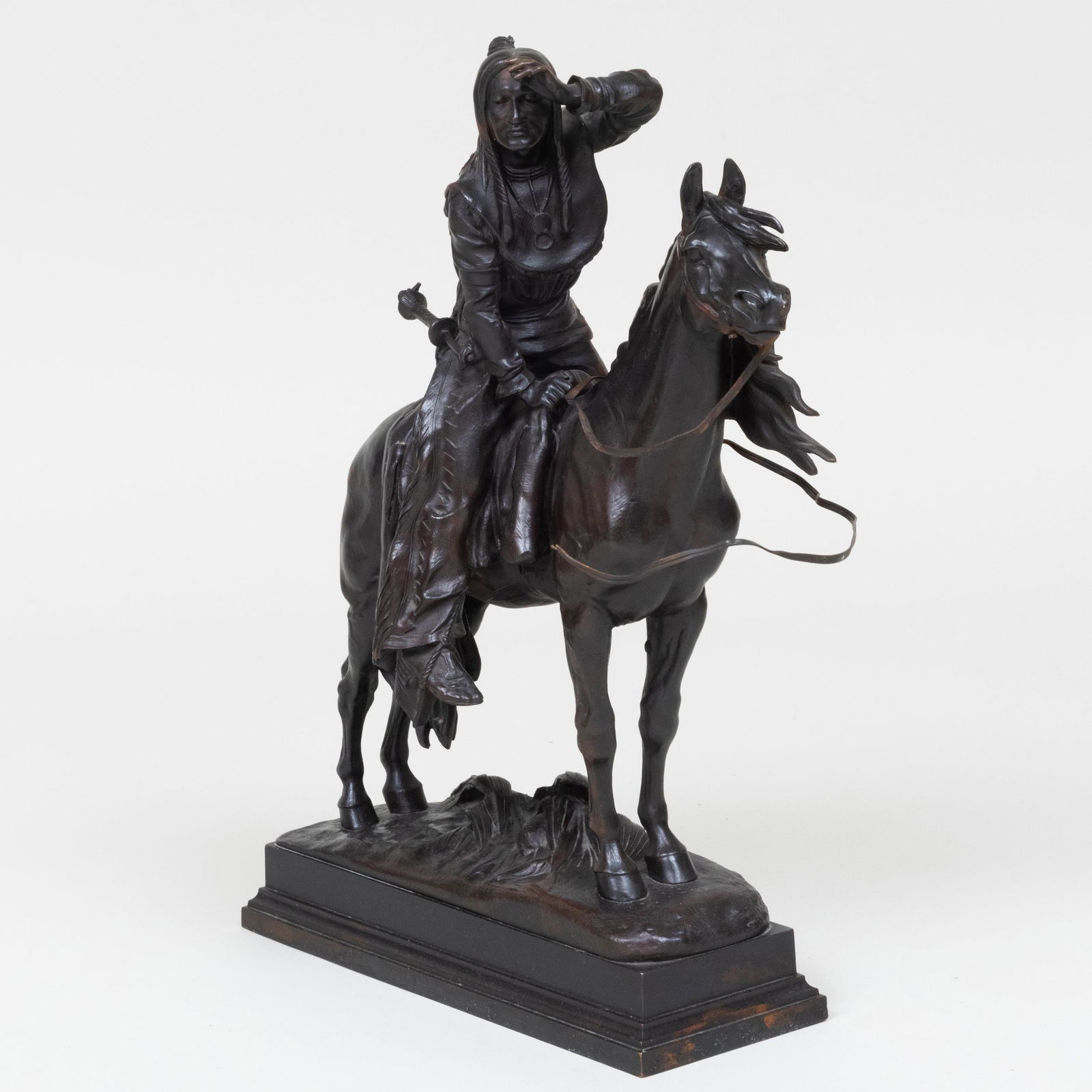 After Alfred Barye (1839-1882): Native American Rider: After Alfred Barye (1839-1882): Native American Rider Patinated bronze, inscribed 'Alf Barye Fils' at bottom. 22 x 22 x 10 in.