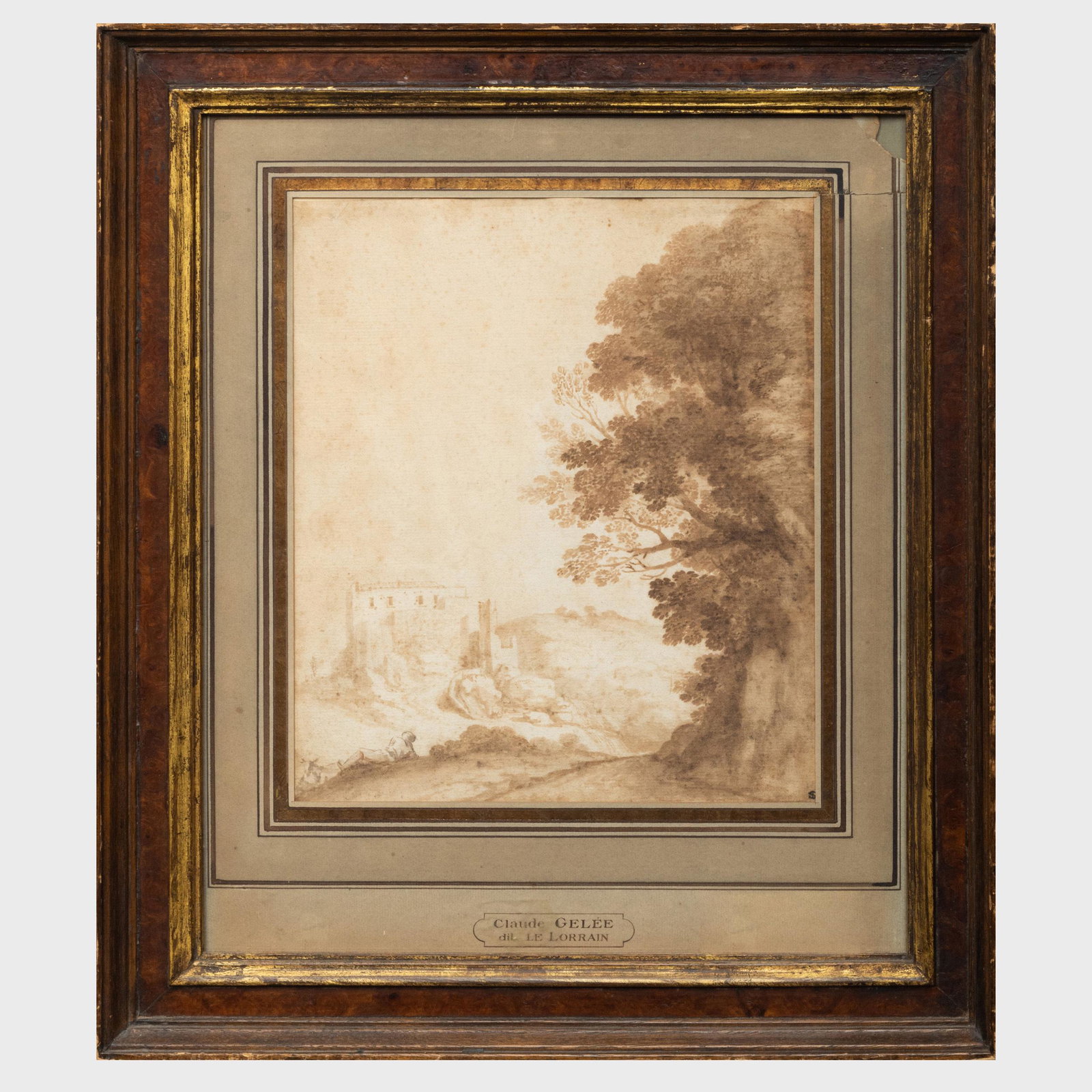 Circle of Claude Le Lorrain (1600-1682): Pastoral: Circle of Claude Le Lorrain (1600-1682): Pastoral Landscape with Goat Wash on paper, unsigned, with an unidentified collector's mark lower right. 11 x 9 5/8 in. (sheet), 18 3/4 x 16 1/4 in. (frame). P