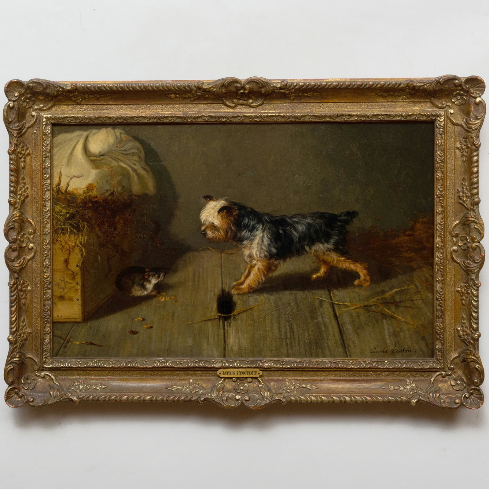 Louis Contoit: Portrait of a Yorkshire Terrier Ratting: Louis Contoit: Portrait of a Yorkshire Terrier Ratting Oil on canvas, signed 'Louis Contoit' lower rightl, lined. 14 x 22 in., 18 1/2 x 26 1/2 in. (frame).