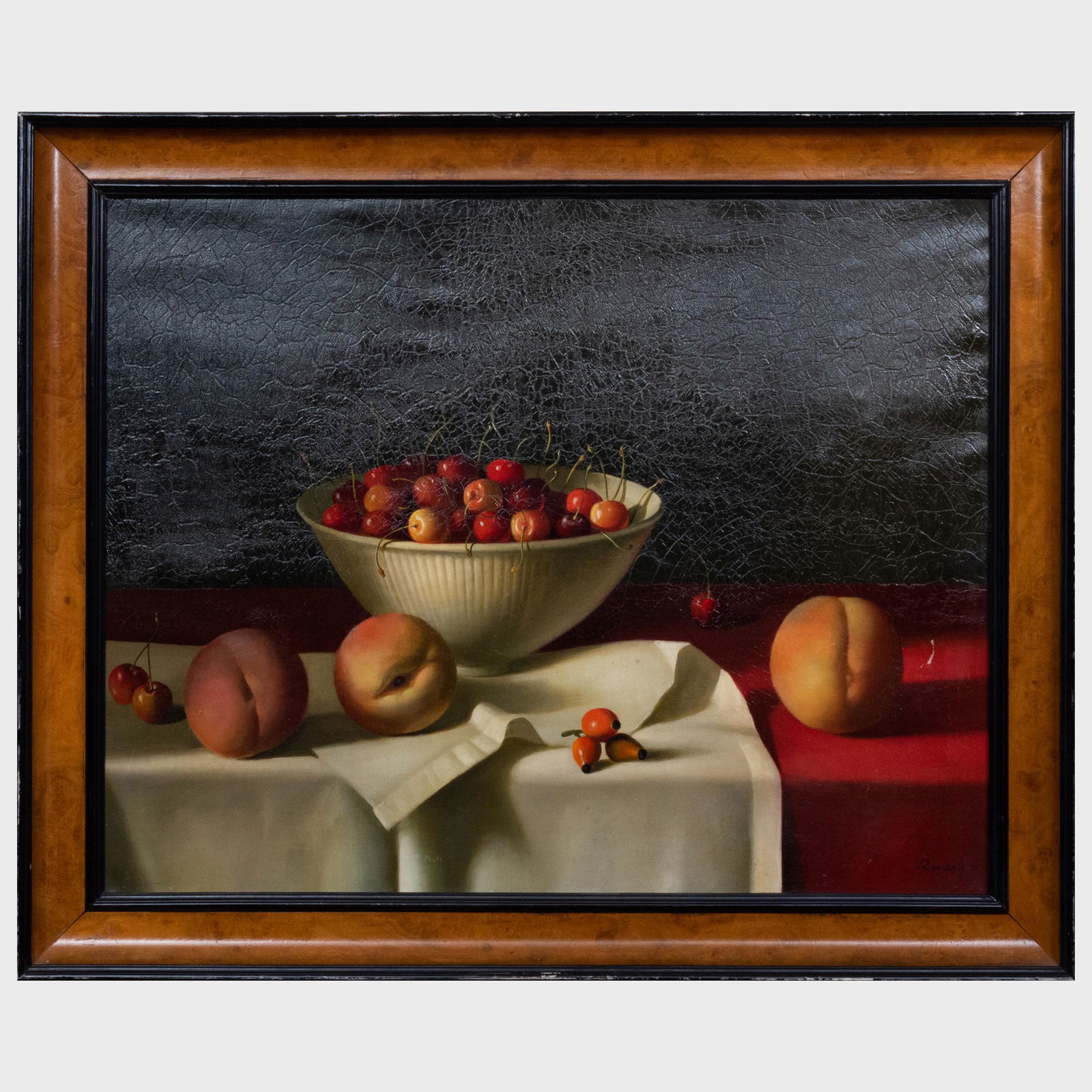 Fernand Renard (1912-?): Still Life with Cherries: Fernand Renard (1912-?): Still Life with Cherries Oil on canvas, signed 'Renard' lower right. 16 x 20 in., 19 x 23 in. (frame). Note: Artist Fernand Renard is probably best-known for the trompe l'oeil
