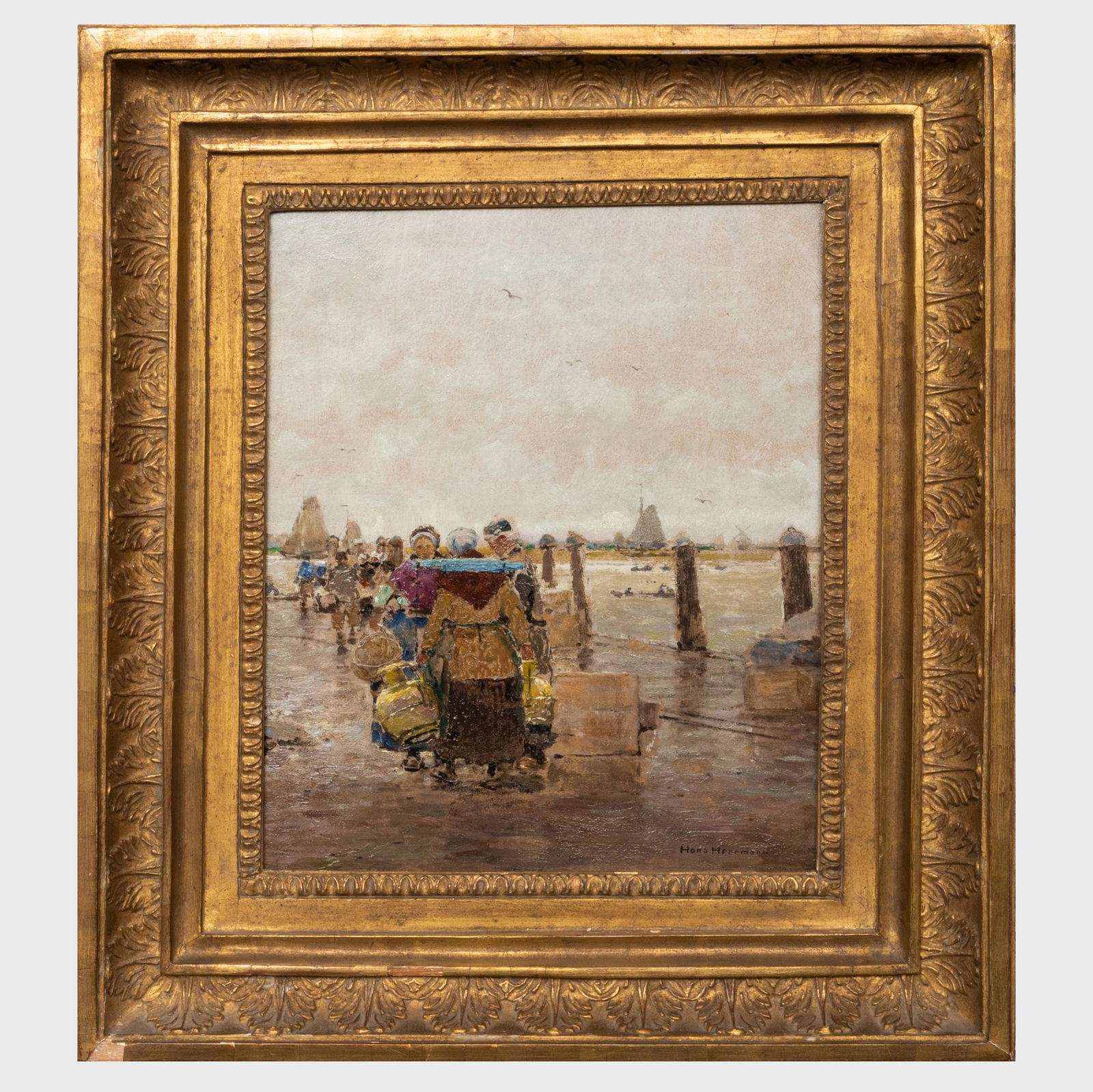 Hans Herrmann (1858-1942): Dordrecht: Hans Herrmann (1858-1942): Dordrecht Oil on board, 1923, signed 'Hans Herrmann' lower right, signed, dated and inscribed 'Die Maas bei Dordrecht' on the reverse. 13 x 10 5/8 in., 19 x 17 in. (frame).