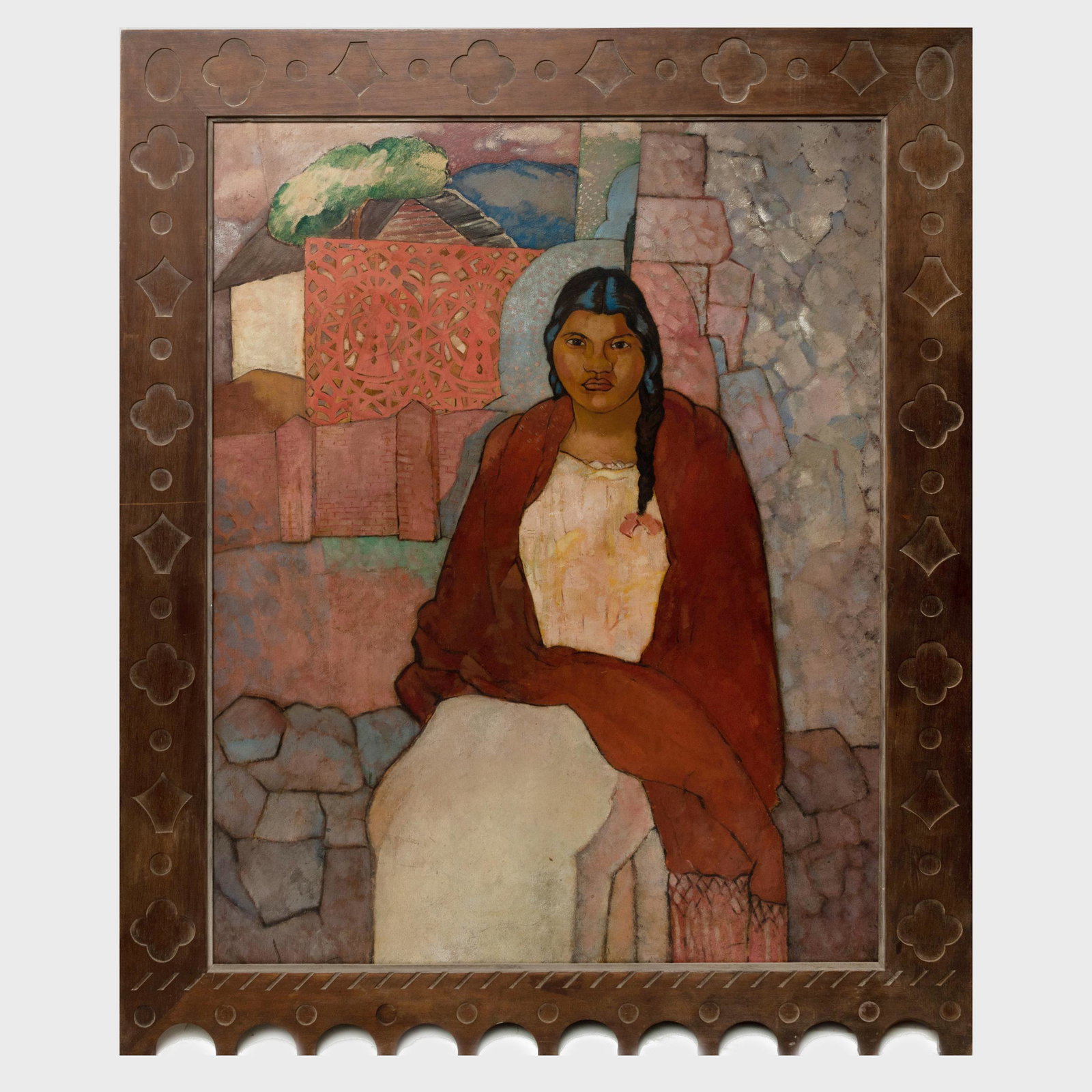 20th Century School: Seated Mexican Woman: 20th Century School: Seated Mexican Woman Oil on Masonite, unsigned, in a carved wood frame. 59 1/2 x 47 1/2 in., 70 x 39 in. (frame). Property from the Estate of Emile Wolf