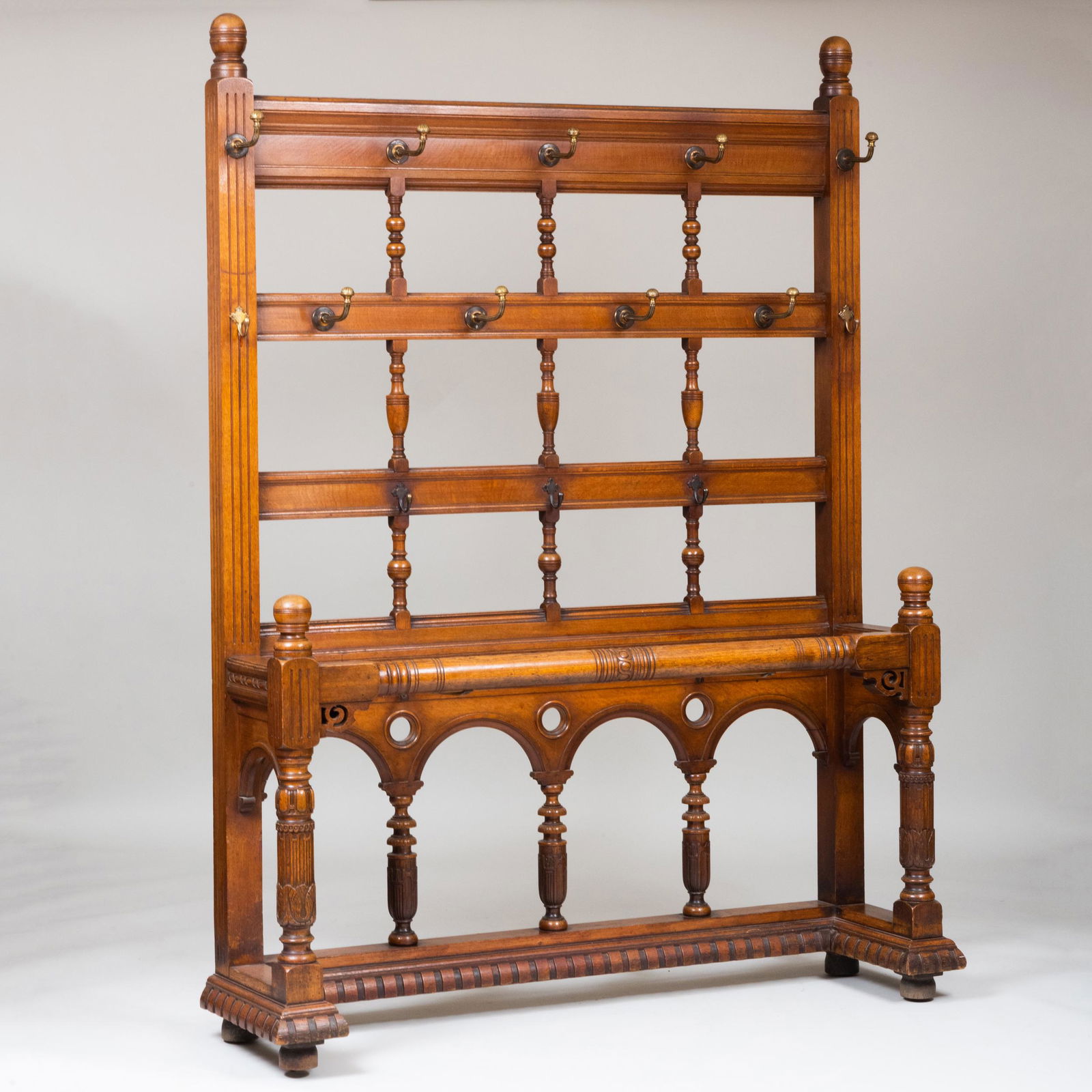 Late Victorian Carved Oak and Brass Coat Rack and: Late Victorian Carved Oak and Brass Coat Rack and Umbrella Stand 6 ft. 8 1/2 in. x 5 ft. 1 x 16 1/2 in.