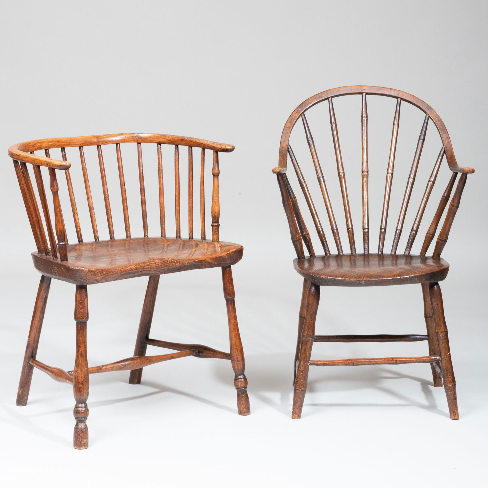 English Elm, Ash, and Beechwood Windsor Chair and: English Elm, Ash, and Beechwood Windsor Chair and Another The largest 33 x 20 1/2 x 14 1/2 in., height of seat 14 1/4 in. Property from the Estate of Carol O. Selle