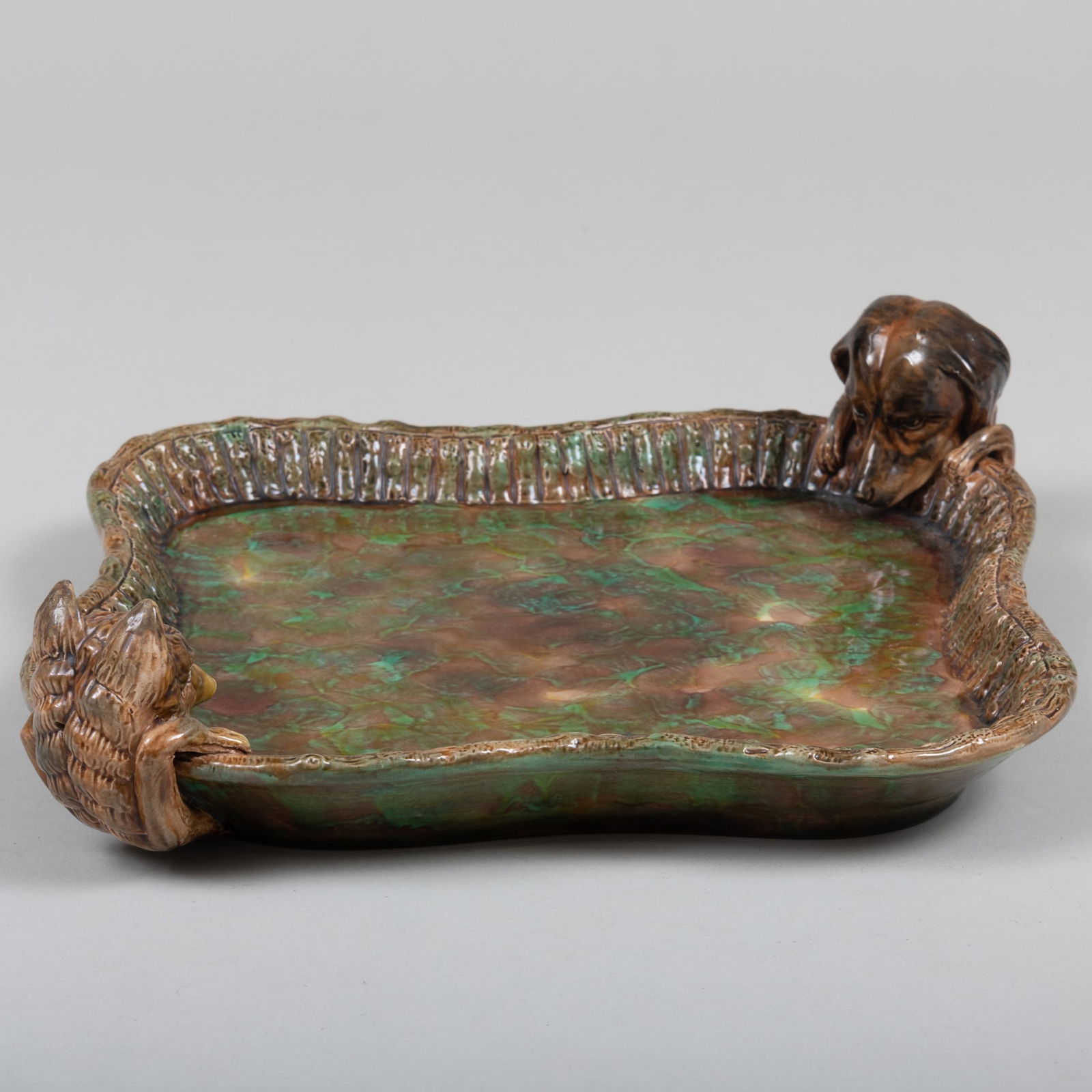 George Jones Majolica Fox and Hound Tray: George Jones Majolica Fox and Hound Tray Impressed and black printed mark. 14 1/2 x 12 3/4 in. Property from the Estate of Carol O. Selle