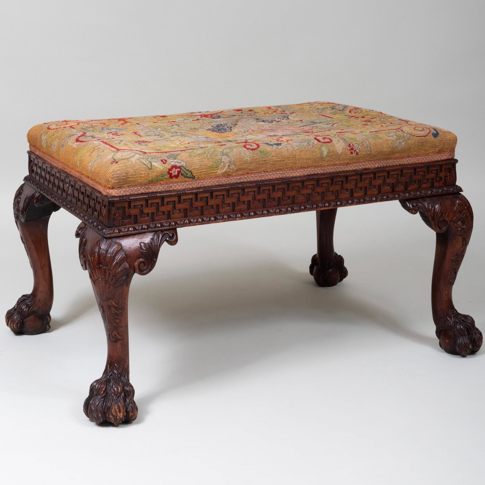 George III Style Carved Mahogany and Needlework Stool: George III Style Carved Mahogany and Needlework Stool 20 1/2 x 38 x 28 1/4 in.