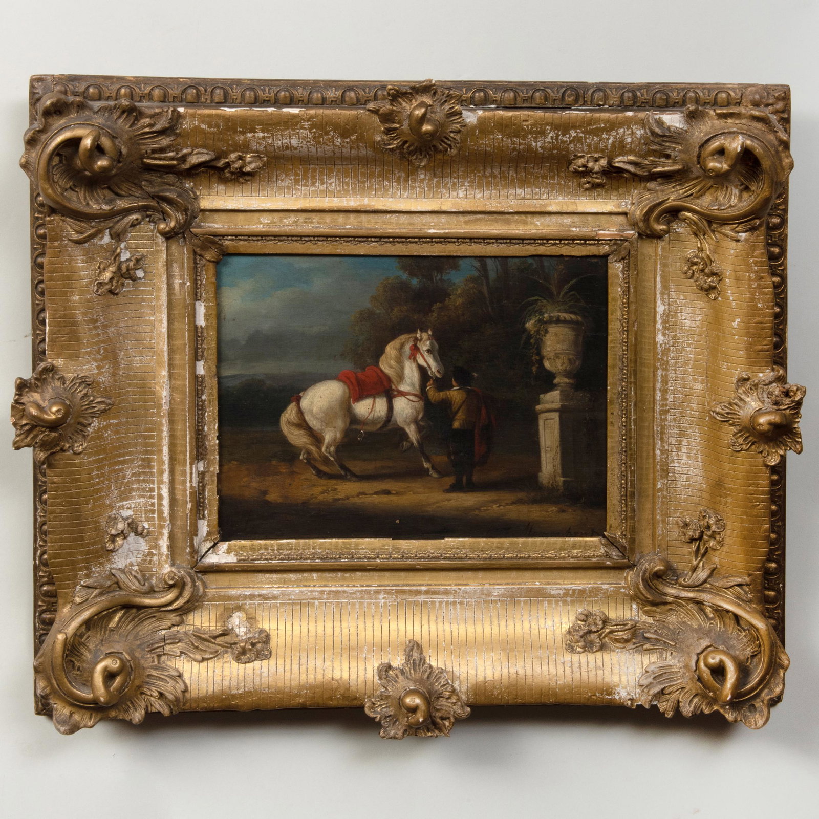 Continental School: A Difficult Mount: Continental School: A Difficult Mount Oil on panel, indistinctly signed lower right. 8 1/4 x 10 3/4 in., 17 x 19 1/4 in. (frame).