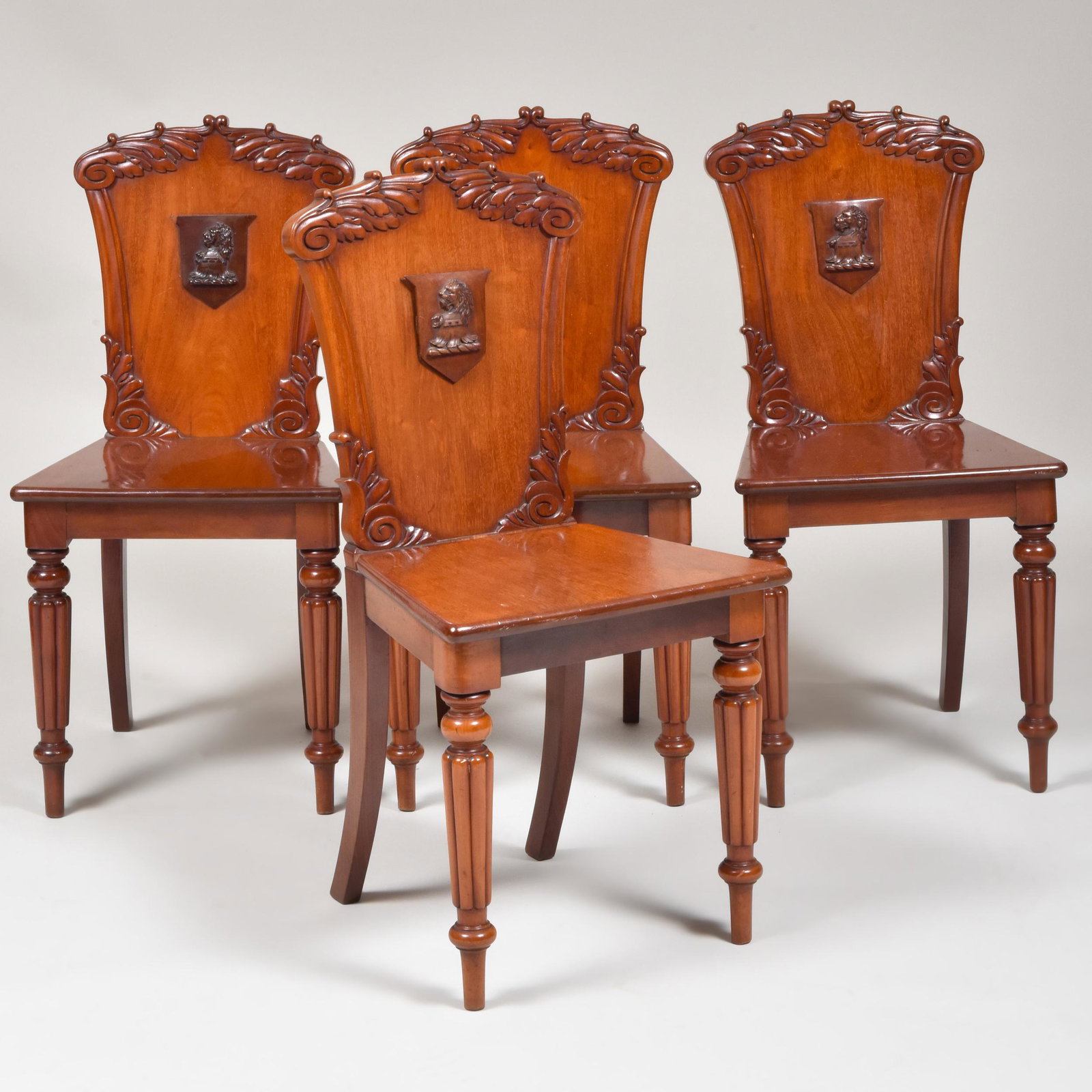 Set of Four Regency Style Mahogany Crested Hall Chairs: Set of Four Regency Style Mahogany Crested Hall Chairs 35 1/2 x 17 1/2 x 18 in. By repute Sotheby's New York, October 18, 1997, Lot 343.