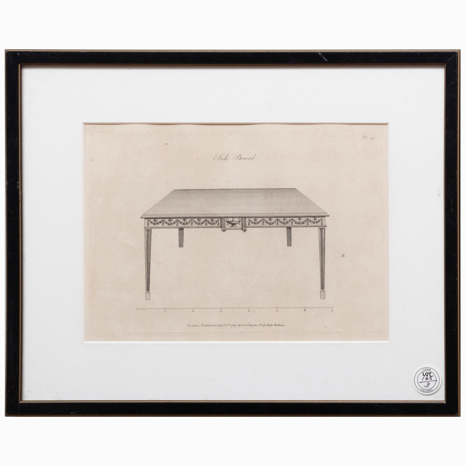 English School: Sofa; and Side Board: English School: Sofa; and Side Board Two engravings in black on wove paper, 1787, one with label from Alfred Bullard, Inc., Philadelphia. Both 6 3/4 x 9 3/4 in. (plate), 12 1/2 x 15 1/2 in. (frame).
