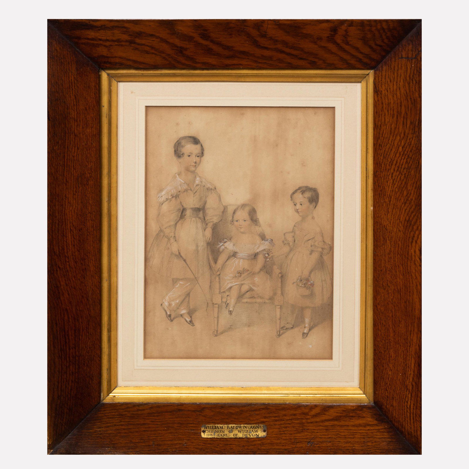 English School: William, Baldwin, and Agnes, Children: English School: William, Baldwin, and Agnes, Children of the 11th Earl of Devon Pencil with chalk highlights on paper, unsigned. 11 1/2 x 8 1/2 in. (sight), 20 x 17 in. (frame). The Collection of Dr. 