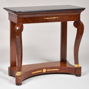 Louis Philippe Ormolu-Mounted Mahogany Console Table: Louis Philippe Ormolu-Mounted Mahogany Console TableFitted with a fossilized marble top and one frieze drawer.35 x 36 x 16 in.