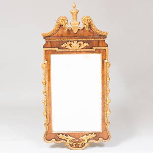 George II Walnut Parcel-Gilt Mirror: George II Walnut Parcel-Gilt MirrorComposed of later elements, the finial, the side fruited garlands and a small section of the backside of the top crest. 4 ft. 7 in. x 25 1/4 in.