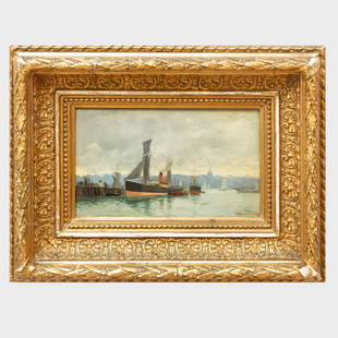 Carl Flodman (1863-1888): Hamnmotiv (Harbor Scene): Carl Flodman (1863-1888): Hamnmotiv (Harbor Scene)Oil on panel, 1884, signed 'C. Flodman' and dated lower right.5 1/4 x 8 1/4 in., 10 3/4 x 13 3/4 in. (frame).Sold Bukowskis, Sweden, November 25,