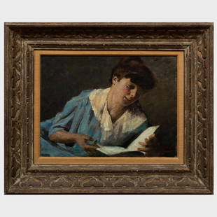 European School: Woman with Book: European School: Woman with BookOil on canvas, indistinctly signed lower right, with an indistinct inkstamp on the reverse.13 x 17 1/2 in., 21 1/4 x 25 1/4 in. (frame).