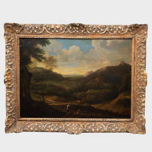 European School: Figures in a Landscape: European School: Figures in a LandscapeOil on canvas, unsigned, lined.17 1/2 x 24 in., 22 1/2 x 28 3/4 in. (frame).