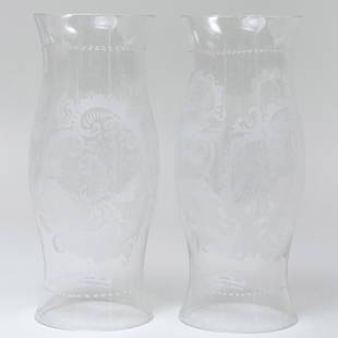 Pair of Bohemian Etched Glass Hurricane Shades: Pair of Bohemian Etched Glass Hurricane Shades14 1/8 x 6 in. diam.