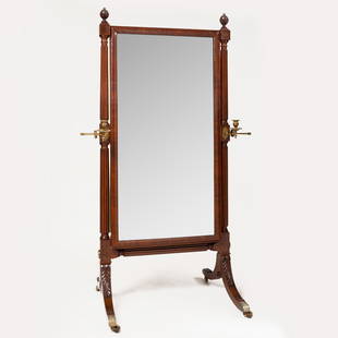 Federal Style Carved Mahogany and Brass Cheval Mirror: Federal Style Carved Mahogany and Brass Cheval MirrorFitted with brass candle branches.5 ft. 8 3/4 x 32 x 27 1/4 in.