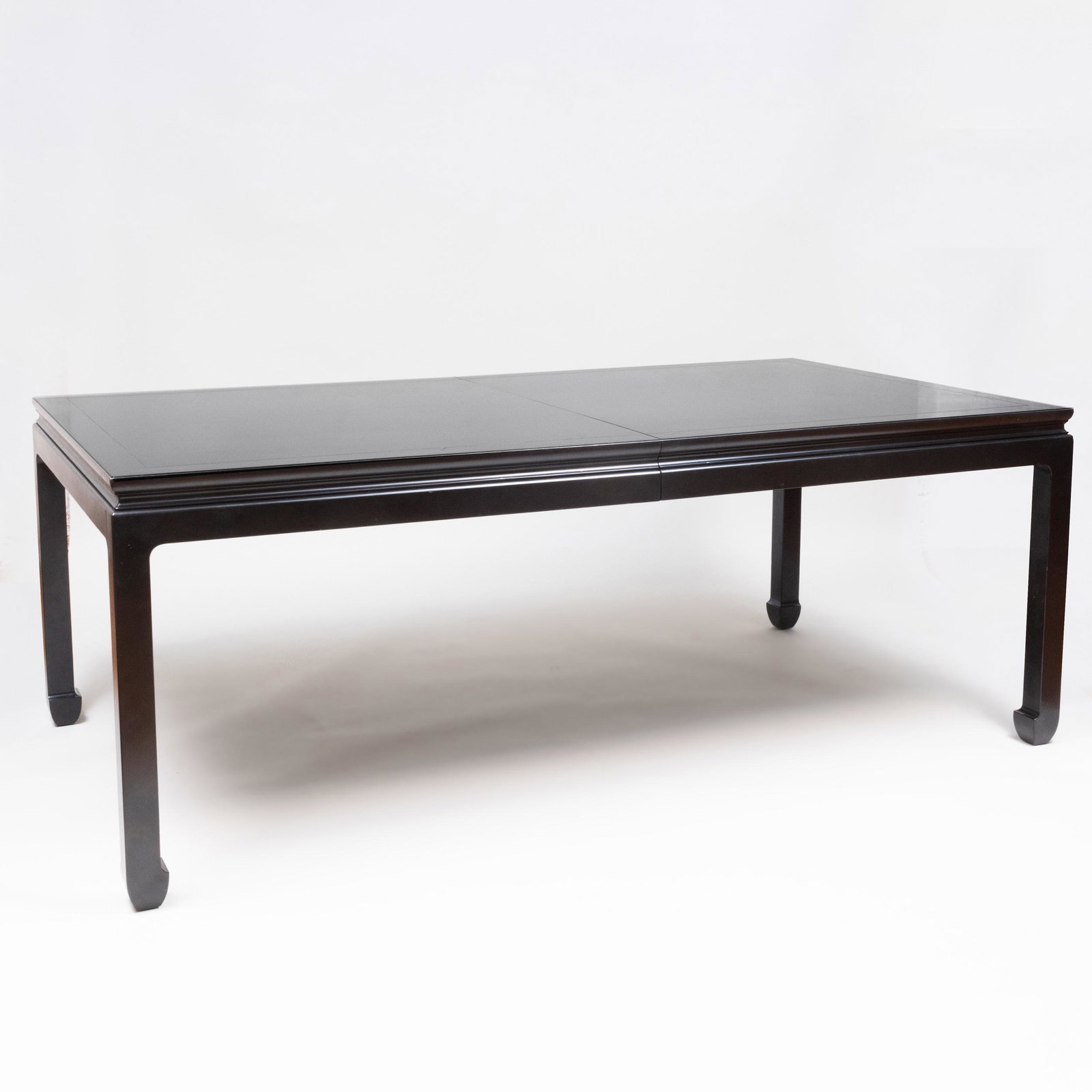Bittners Chinese Style Black Lacquer Extension Dining: Bittners Chinese Style Black Lacquer Extension Dining Table Fitted with two leaves, and pads. 30 1/4 x 6 ft. 8 in. x 44 in. (closed), 30 1/4 x 10 ft. 8 in. x 44 in. (fully extended).