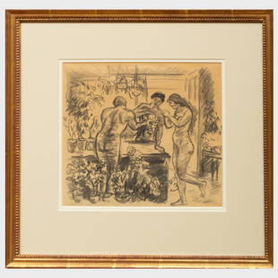 John Sloan (1871-1951): Florist: John Sloan (1871-1951): FloristCharcoal on paper, signed 'John Sloan' lower left, with label from Kraushaar Galleries, NY,9 1/2 x 13 1/2 in. (sheet), 17 x 18 in. (frame).Kraushaar Galleries, NY