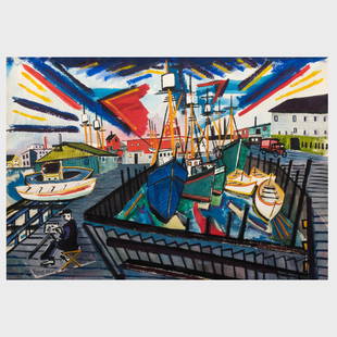 Margules de Hirsh (1899-1965): Port Scene: Margules de Hirsh (1899-1965): Port ScenePastel and gouache on paper, 1946, signed 'de Hirsh Margules' and dated lower left.22 x 30 in. (sheet), unframed.The artist