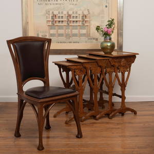 Art Nouveau Carved Oak and Leather Side Chair