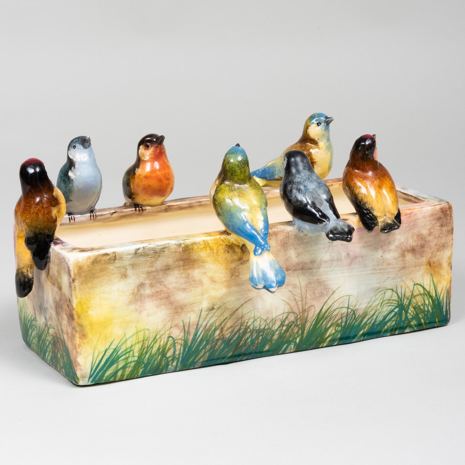 Jerome Massier Faience Perching Bird Planter: Jerome Massier Faience Perching Bird Planter Impressed mark. 6 1/2 x 12 1/4 x 8 in.