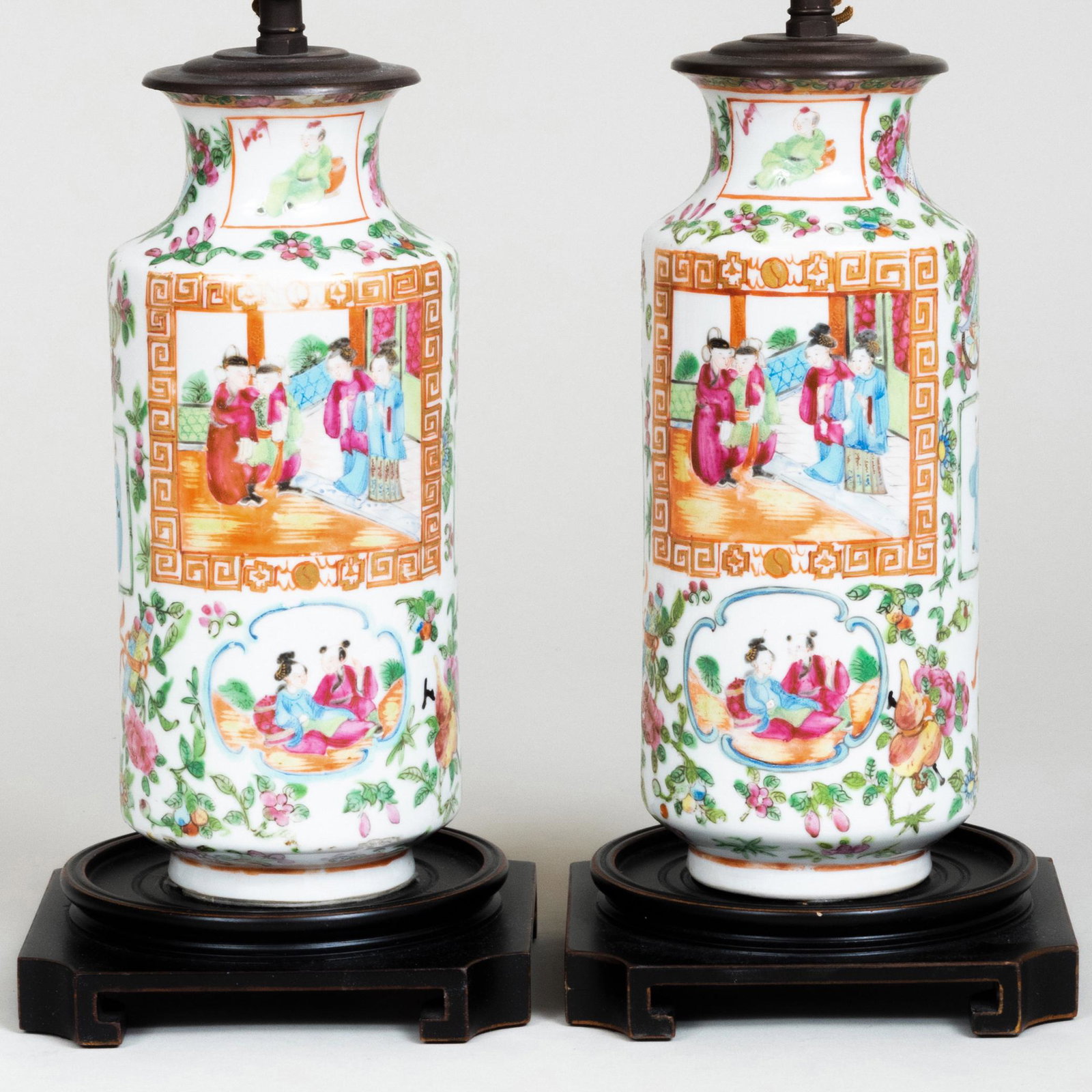 Pair of Chinese Export Canton Famille Rose Porcelain Va: Pair of Chinese Export Canton Famille Rose Porcelain Vases Mounted as Lamps and a Pair of Custom Illumé Shades 13 in. high (to socket).Timothy Langston Fine Art, London, 2012.Property of a New York G