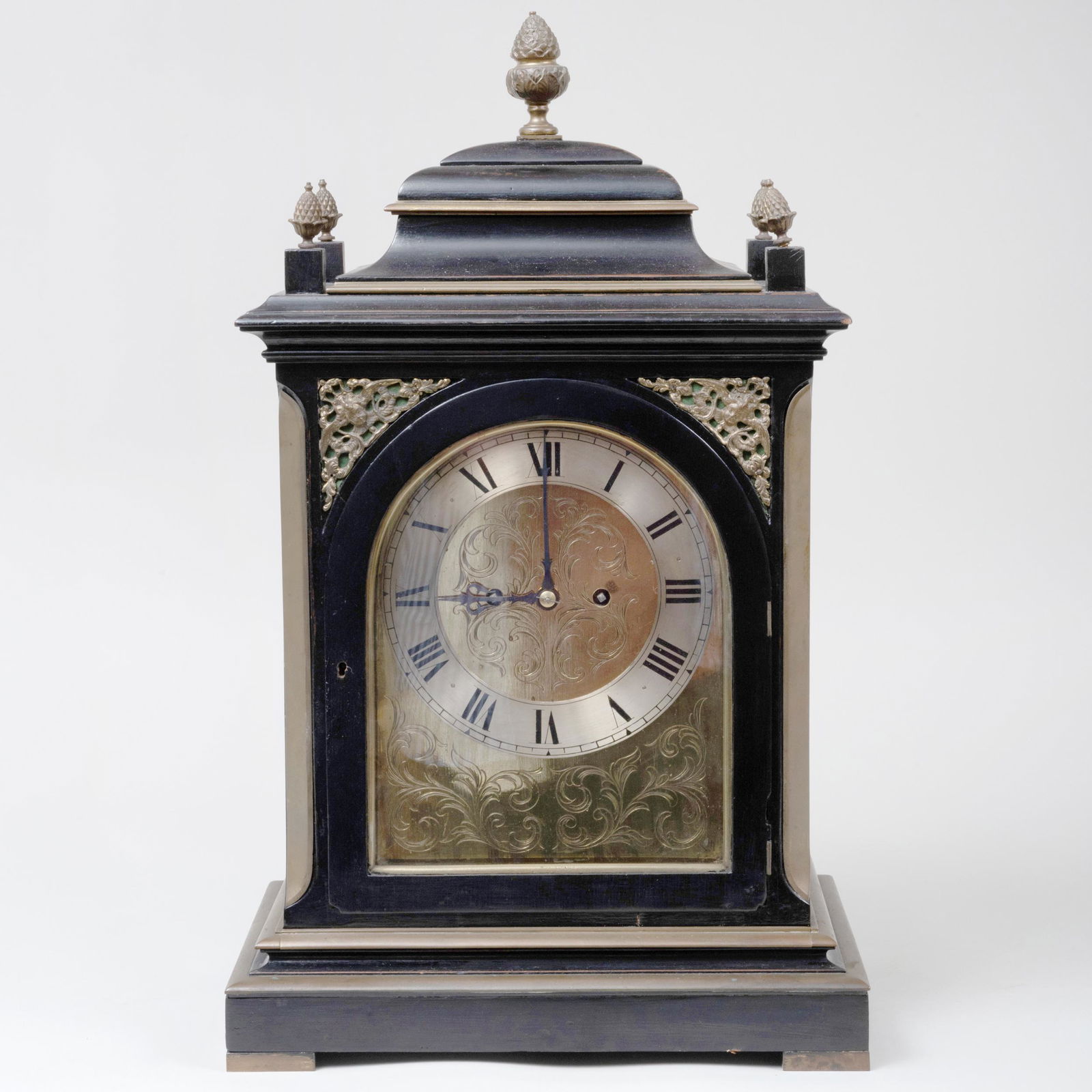 Victorian Brass Bound Ebonized Mantel Clock, John Moore: Victorian Brass Bound Ebonized Mantel Clock, John Moore & Sons 24 x 14 1/2 x 10 in.