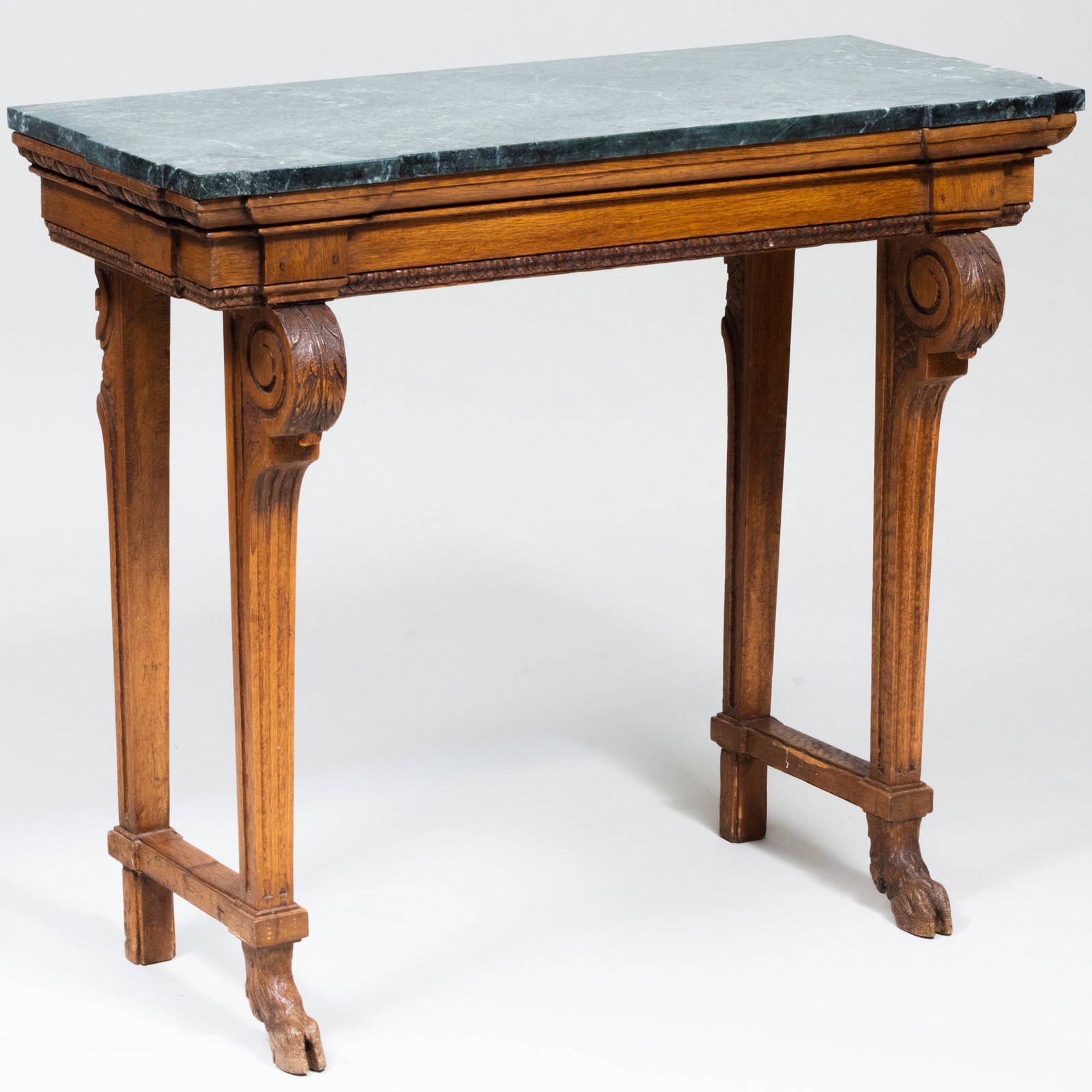 Continental Carved Oak Console Table: Continental Carved Oak Console Table Fitted with a verde antico marble top. 32 x 37 x 15 1/2 in.