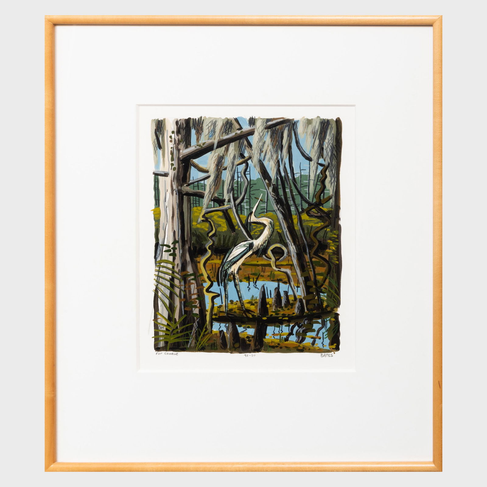 David Bates (b. 1952): The Great American Egret: David Bates (b. 1952): The Great American Egret Mixed media on paper, 1989, signed 'Bates' lower right, inscribed 'For Charlie' lower left and '91-50' lower center, with label from Charles Cowles Gall