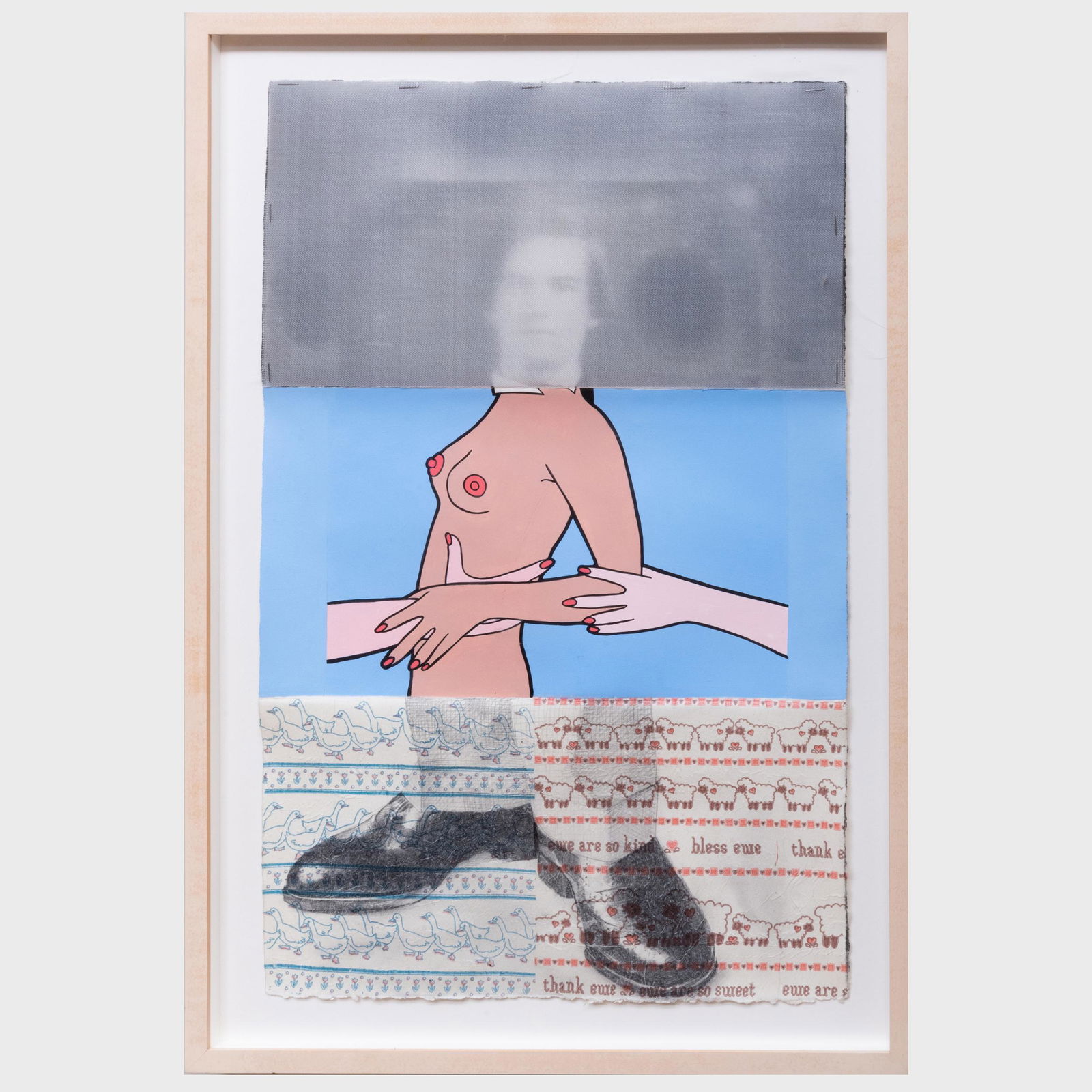 Bill Barette (b. 1947), John Wesley (b. 1928) and: Bill Barette (b. 1947), John Wesley (b. 1928) and Rainer Gross (b. 1951): Untitled Photograph, plastic mesh, acrylic, pencil and collage on paper, 1992, presumably signed on the reverse, with label fr
