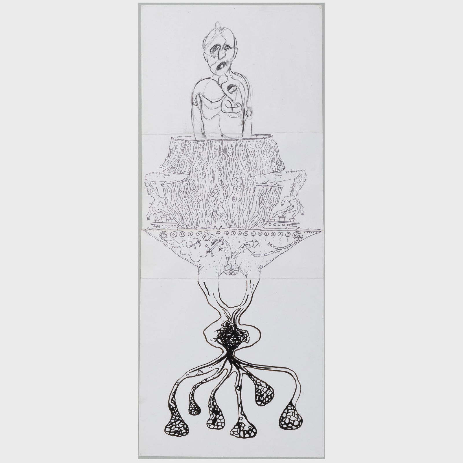 Denise Corley, Kim Jones (b. 1944) and Foster Brock:: Denise Corley, Kim Jones (b. 1944) and Foster Brock: Untitled Black crayon and ink on smooth paper, 1993, signed on the reverse. 29 x 11 1/2 in. (sheet), unframed. Exhibited: The Drawing Center, The